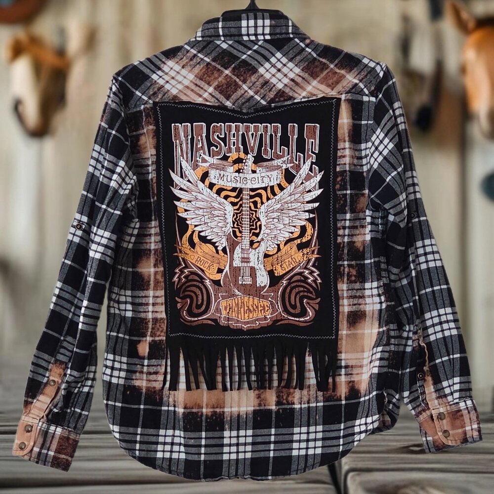 Upcycled NASHVILLE MUSIC CITY graphic tshirt distressed plaid flannel shirt